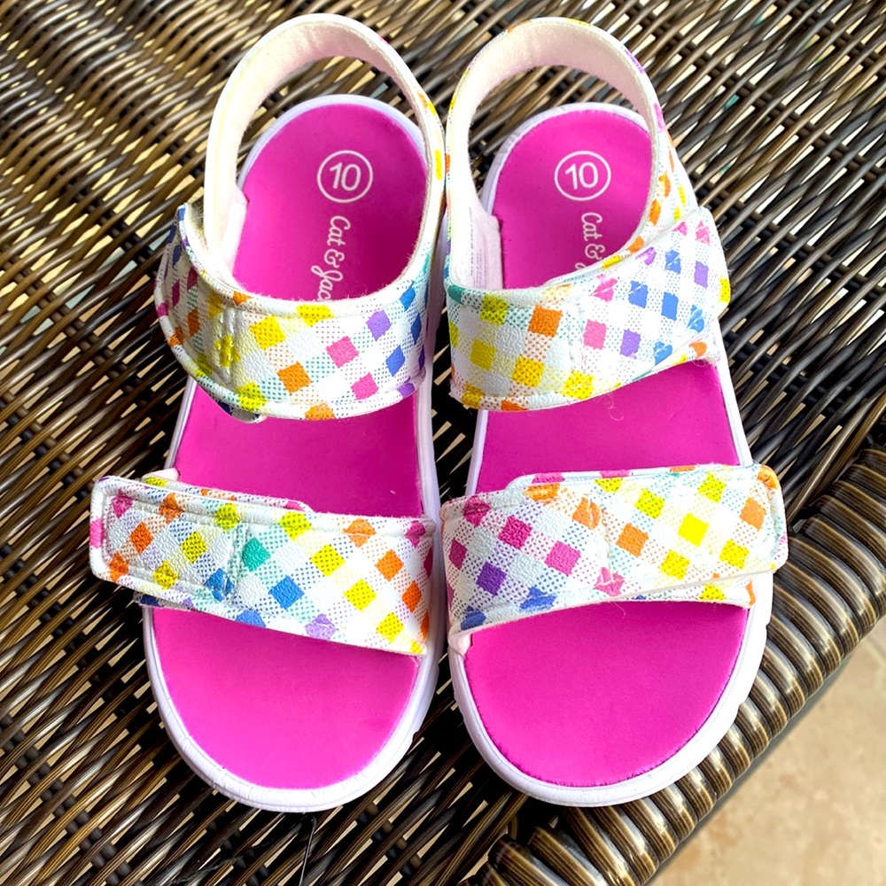 Cat & Jack White Rainbow Checkered Girls StrapOn Sandals Size 10C